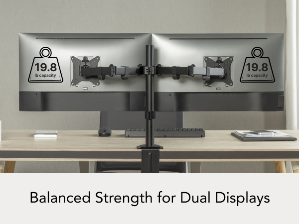 Stable dual monitor mount designed for balanced screen weights and consistent performance