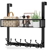 Consumest Over The Door Hooks with Mesh Basket, Behind Door Hanger Towel Rack with 16 Hooks, Over...