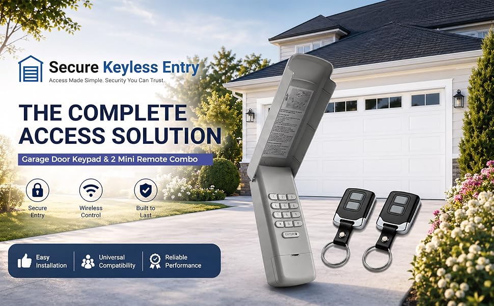 Complete garage access kit featuring 1 wireless keypad and 2 mini remotes for secure entry.