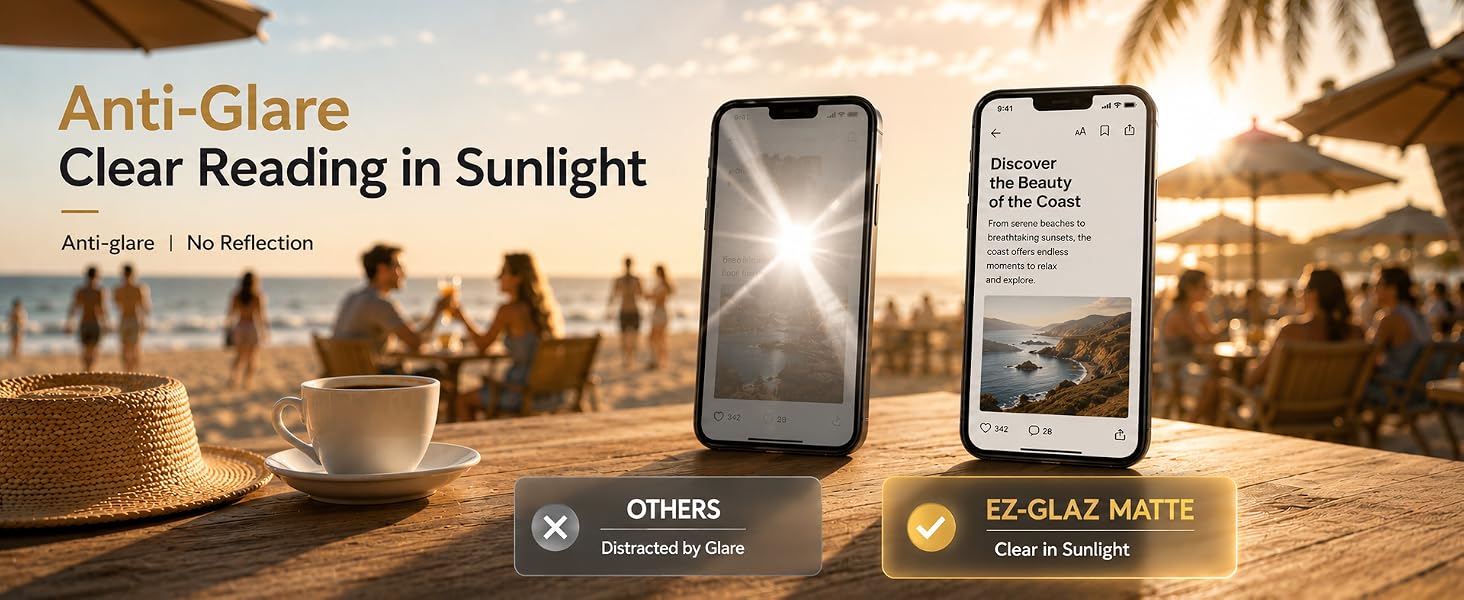 Anti-glare matte glass help you read on the beach