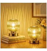 Elenhome Green Touch Glass Table Lamp Set of 2, 3-Way Dimmable Bedside Lamps with USB-C and USB-A...