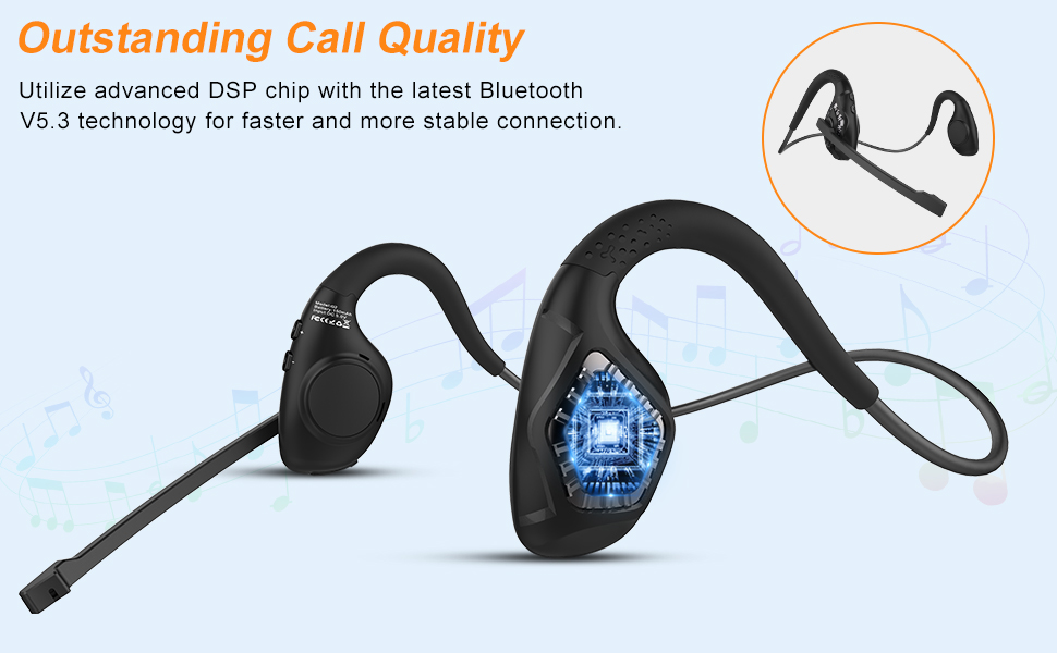 Wireless earbuds with over-ear hooks and microphone boom. Blue LED display visible. Advertises 'Outstanding Call Quality' with advanced DSP chip and Bluetooth V5.3 technology.