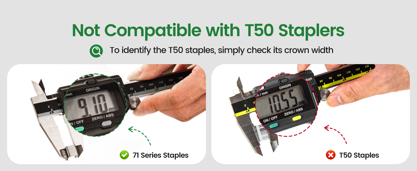 Our 71 series staples crown are 9.1 mm do not fit the T50 stapler tools