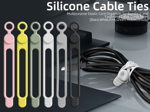 Multipurpose silicone cable ties in six colors - pink, yellow, green, white, gray, and black, shown alongside bundled cables demonstrating their use.