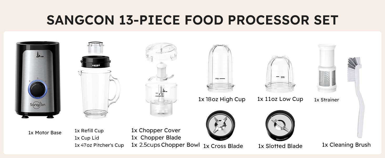 Sangcon 13-piece food processor set with blender, chopper, cups, blades, and brush