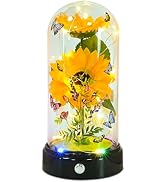 TECHSHARE Sunflower Gifts for Women,Yellow Artificial Sunflowers with LED Light in Glass Dome,Cut...