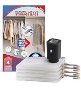 Hanging Vacuum Storage Bags For Clothes with Electric Pump, 4 Pack Large Hanging Space Saver Bags...