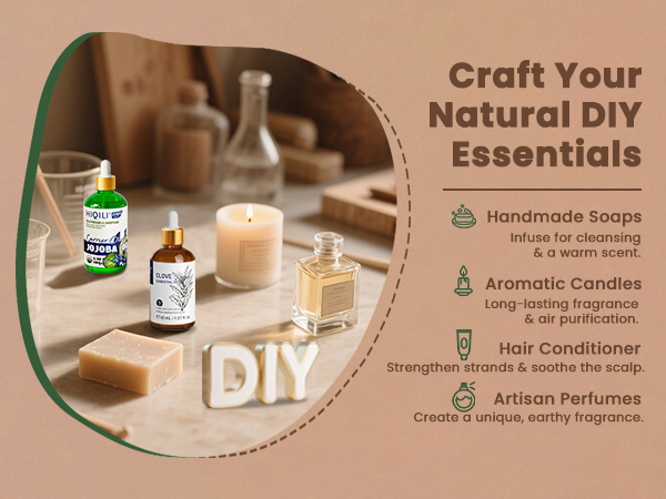Text reads 'Craft Your Natural DIY Essentials' with icons showing: 'Handmade Soaps', 'Hair Conditioner', 'Aromatic Candles', 'Artisan Perfumes'. Banner shows various DIY beauty product making supplies and finished items.