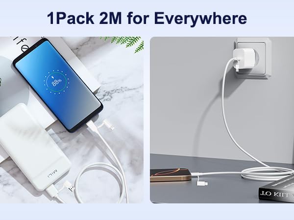 Text reads '1Pack 2M for Everywhere', 'Image 3'. Collection of images showing white charging cables and adapters in various configurations and uses.