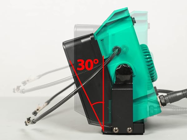 The fume extractor provides a 30° adjustable tilt angle