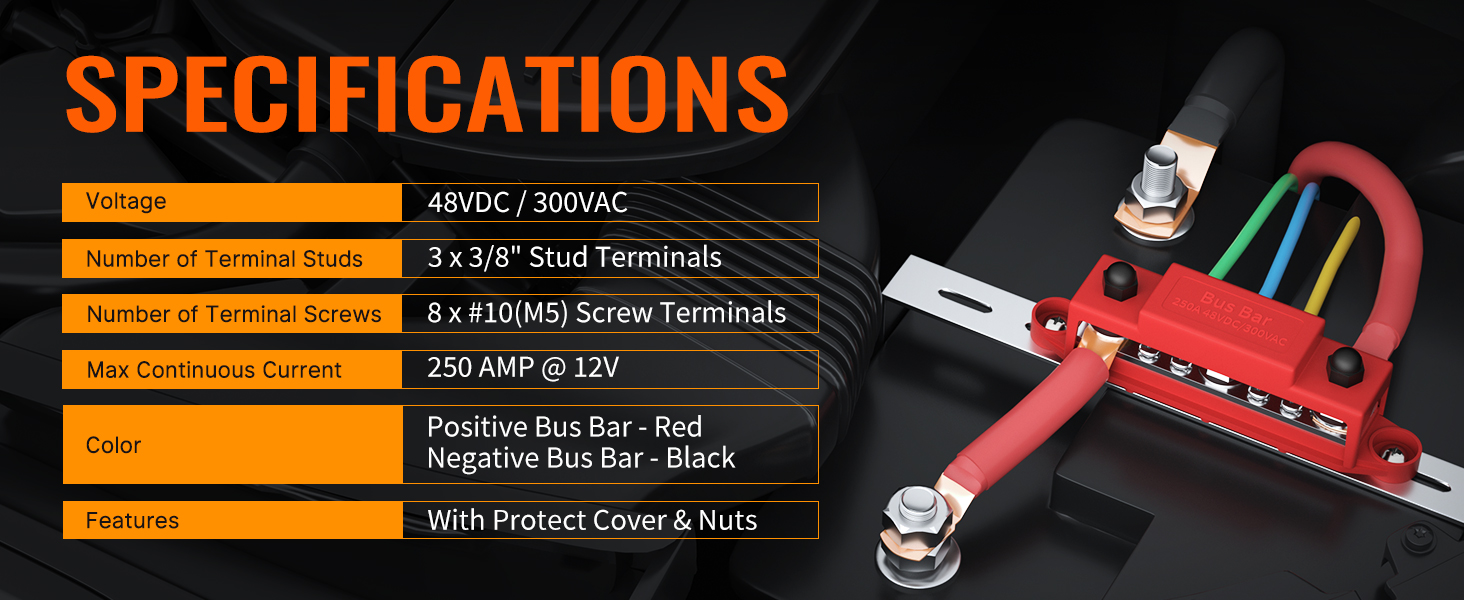 Bus Bar 12V 250A Power Distribution Block with 3 8 Stud Marine Bus Bar Terminal Block