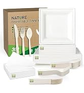 FEHHTO Paper Plates Set, 300PCS Disposable Heavy-Duty Plate and Utensils, Eco Friendl...