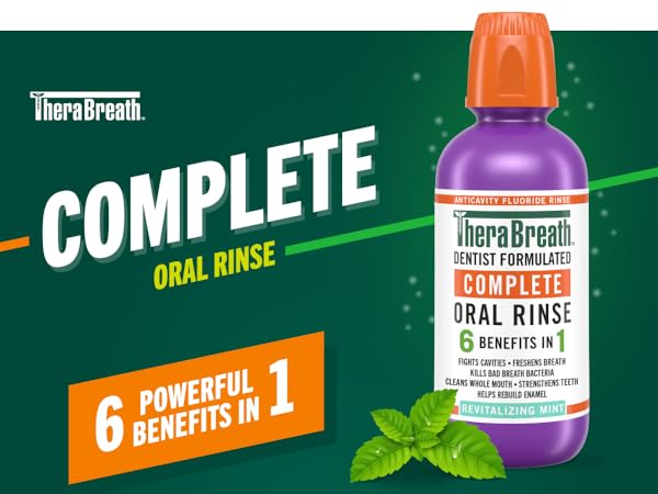 TheraBreath Complete Oral Rinse, 6 powerful benefits in 1, green background with purple rinse bottle