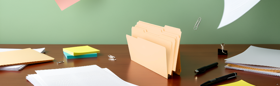 A neatly organized wooden desktop with an open file drawer in the background, stacked papers, and so
