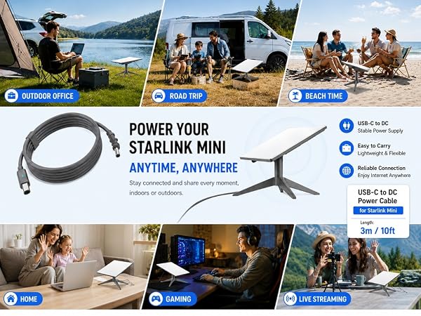 Starlink Mini USB-C to DC power cable for outdoor travel camping gaming live streaming home office