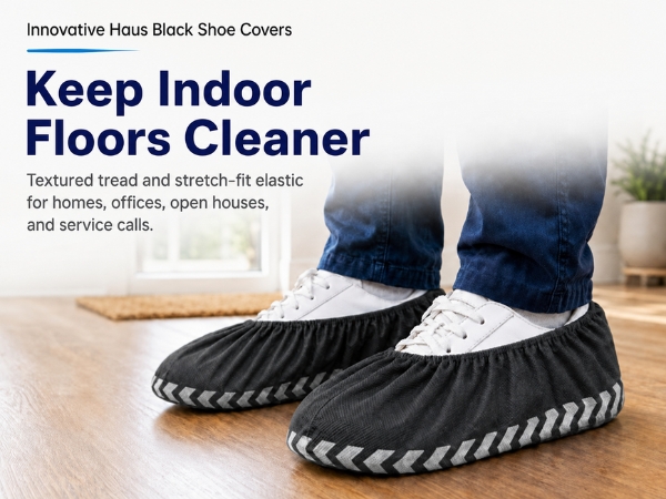 Black disposable shoe covers over white sneakers on an indoor wooden floor