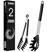 Spaghetti Spoon and Pasta Tong, Non-stick Silicone Spoon Server Fork with teeth and Stainless Ste...