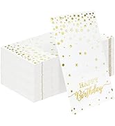HEIPINIUYE 50 Pieces 3-ply Happy Birthday Napkins Disposable White and Gold Birthday Dinner Napki...
