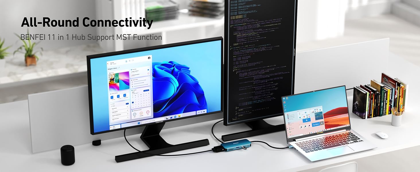 Desktop setup showcasing all-round connectivity with multiple monitors, a laptop, and various devices connected, demonstrating multi-screen functionality.