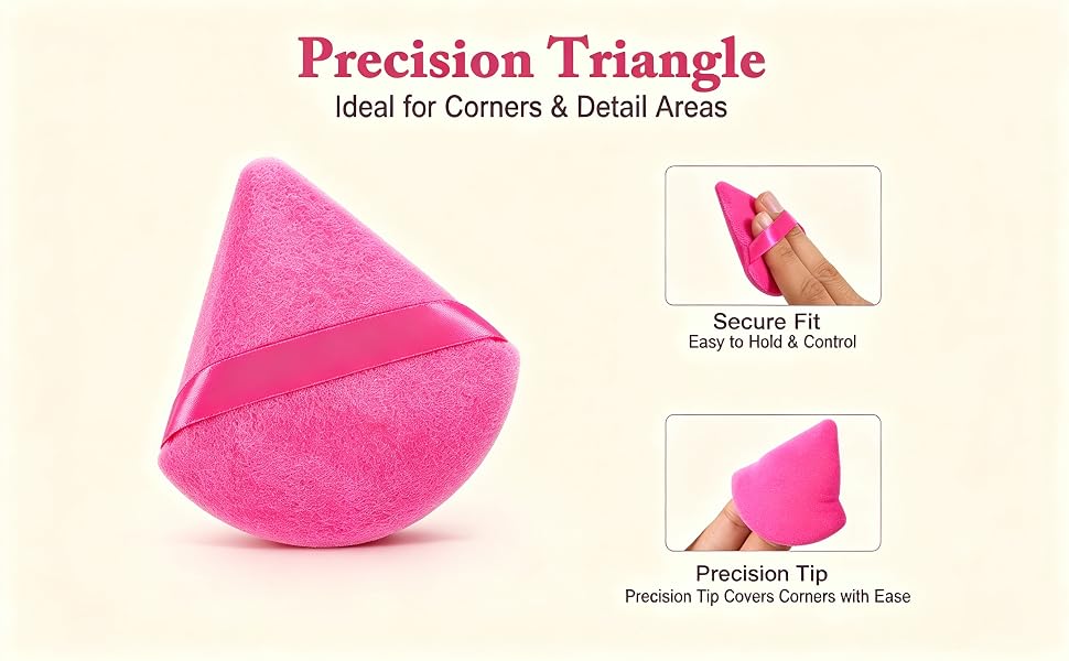 Triangle makeup puff with finger strap, ideal for corners and detail areas
