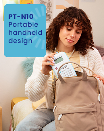 PT-N10 labeler with portable, handheld design: Student in dorm room putting label maker in backpack