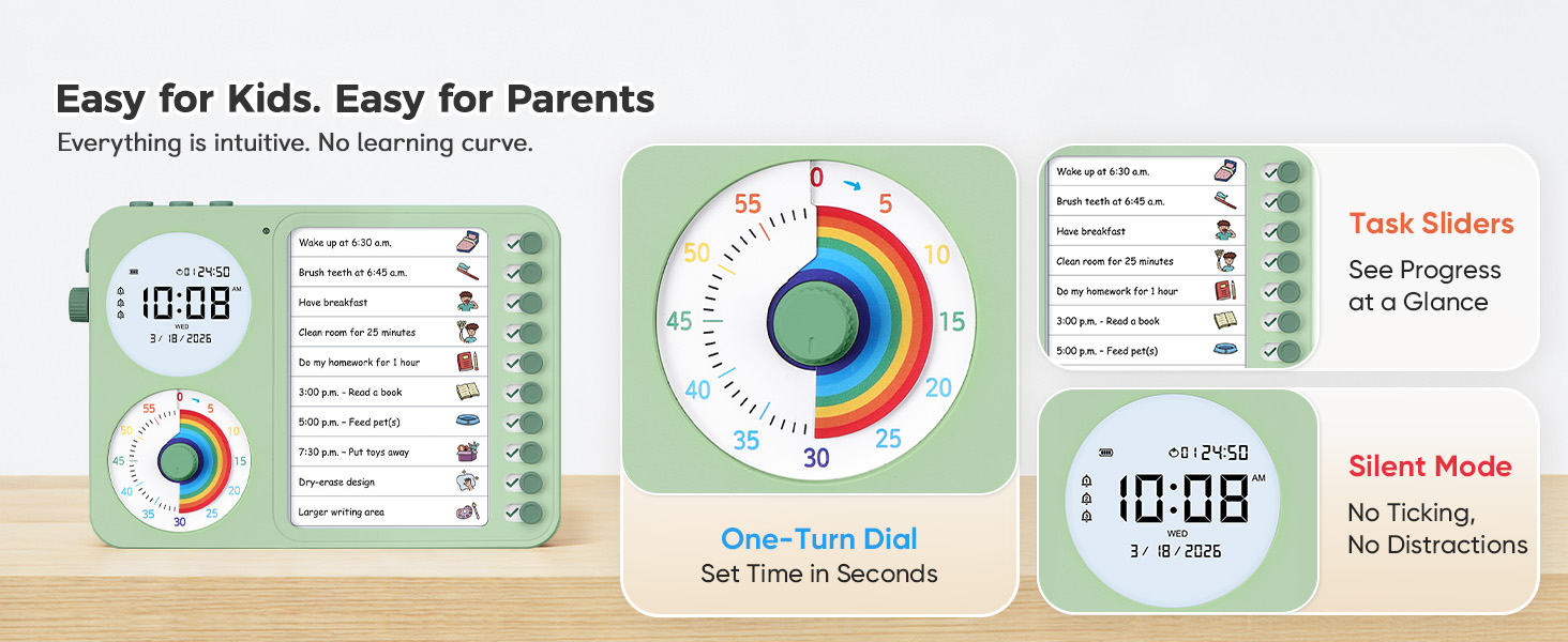 3 in 1 Visual Timer ADHD Tool Kids Adults Task Schedule Chore Planning Board Home green