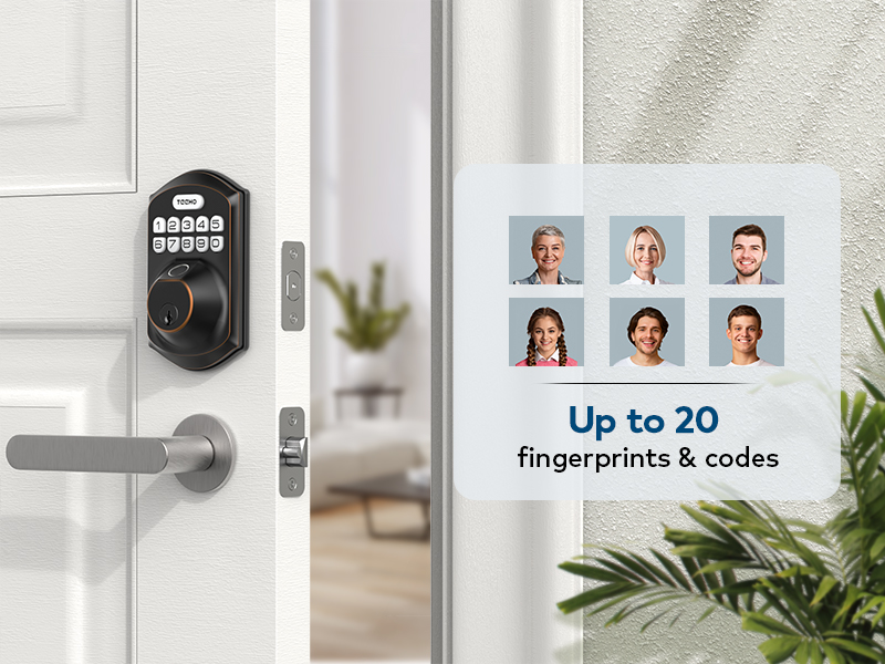 Stores 20 fingerprints and 20 passcodes for easy access sharing with family, guest, or service staff