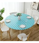 Jeloris Round Fitted Vinyl Tablecloth with Elastic Edge, Waterproof Moroccan Design Wipeable Plas...