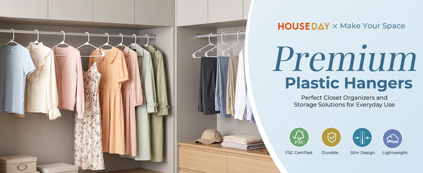 White plastic hangers holding shirts, long dress, and pants. Sleek uniform look. Perfect for scloset