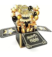 SOLIFEGOBLE Pop Up Birthday Card, Black Gold 3D Box Card with Blank Note and Envelope, Greeting C...