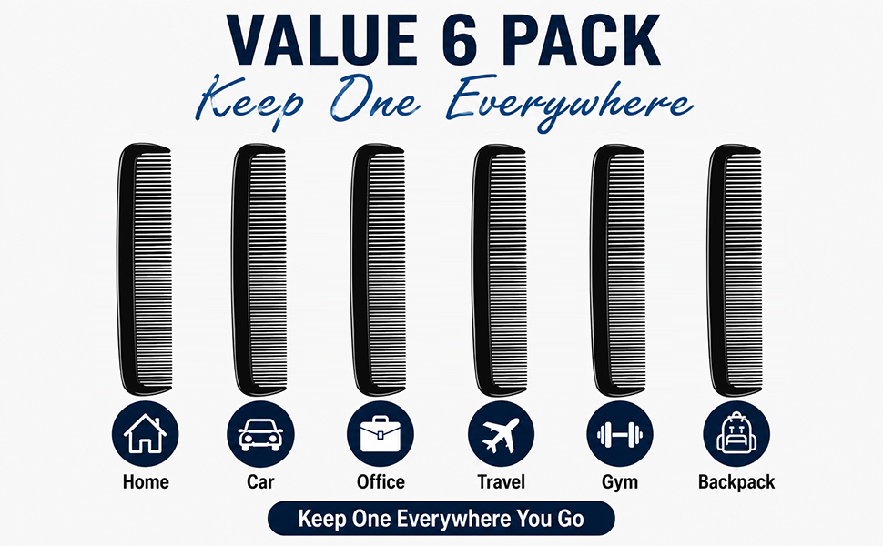 LUXXII Pocket Beard Comb 6 Pack, 5 Inch Fine Tooth Hair Comb for Men, Travel Barber Comb