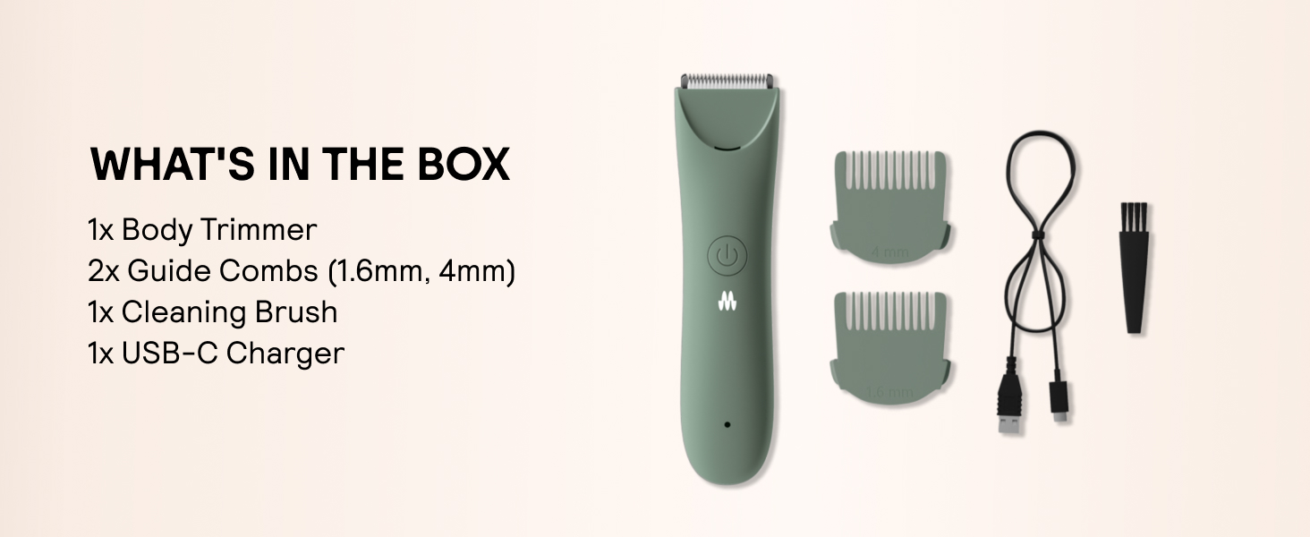 1 body trimmer,2 guide combs,1 cleaning brush,1 USB-C charger