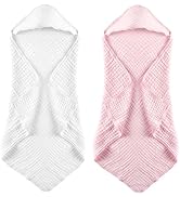 MUKIN Baby Hooded Towels, Muslin Cotton, 2-Pack, for Newborn, Infant, Toddler and Kids (White,Pink)
