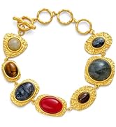 Pikvyo Vintage Gold Plated Bracelet for Women, Multi-Gemstone Hammered Texture Adjustable Clasp, ...