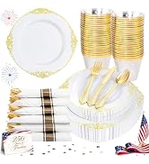 Nervure 175PCS White and Gold Plastic Plates - Disposable Dinnerware Set Include 50 Gold Plates f...