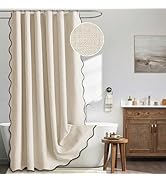 MIULEE Beige Scalloped Shower Curtain Linen Textured with 12 Metal Hooks Cute Heavy Duty Washable...