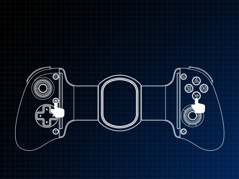 White line drawing on dark blue background showing a video game controller layout with symmetrical left and right halves featuring buttons, triggers, and central directional pad.