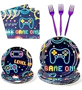 G1ngtar 96Pcs Video Game Party Plates Supplies Neon Game On Party Tableware Decorations Glow In T...