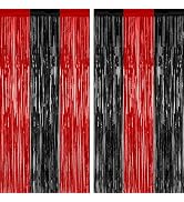 2 Pack Backdrop Curtains, 3.28 FT x 7.05 FT Black and Red Party Decor, Metallic Party Streamer Ti...