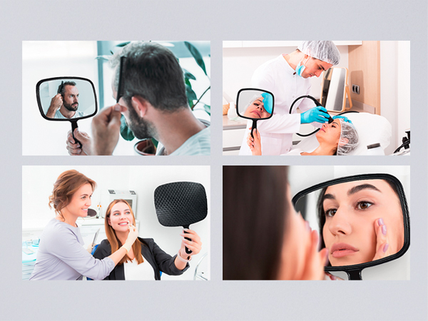 Collage of four images showing handheld mirrors being used for various grooming activities, including facial care and dental hygiene.