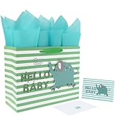 13" Large Green Gift Bag Set with Greeting Card and Tissue Paper(3D elephant and Cute‘Hello Baby’...
