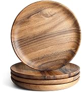 IQCWOOD 4 Pcs Wooden Dinner Plates, 8 Inch Acacia Wood Dinner Plates for Eating Wooden Serving Pl...