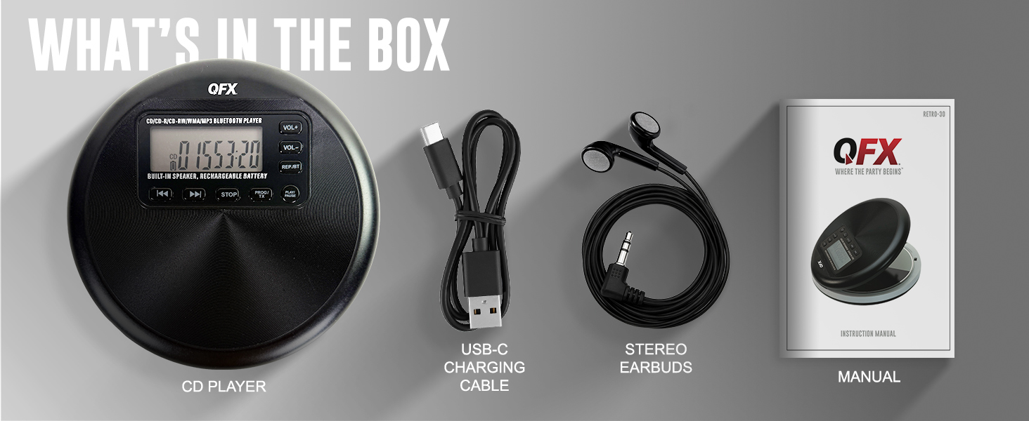 RETRO-30 box contents shown: unit, USB-C cable, earbuds, and user manual included.