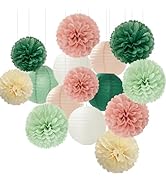 Sage-Green Pink Party-Decorations Paper-Flowers Lanterns - 15PCS Birthday Boho Rustic Tissue Pom ...