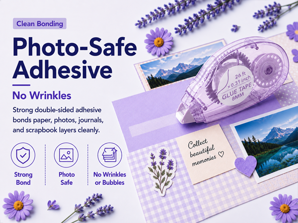 Photo safe double sided tape bonds paper photos and scrapbook layers