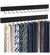 HOMEBROS Tie Rack Wall Mount, Adhesive Wooden Closet Tie Hanger with 24 Metal Hooks, 2 Installati...