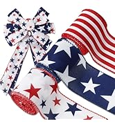 AnyDesign Patriotic Wired Edge Ribbon 250th Anniversary Craft Ribbons Red Blue Star Stripe Fabric...