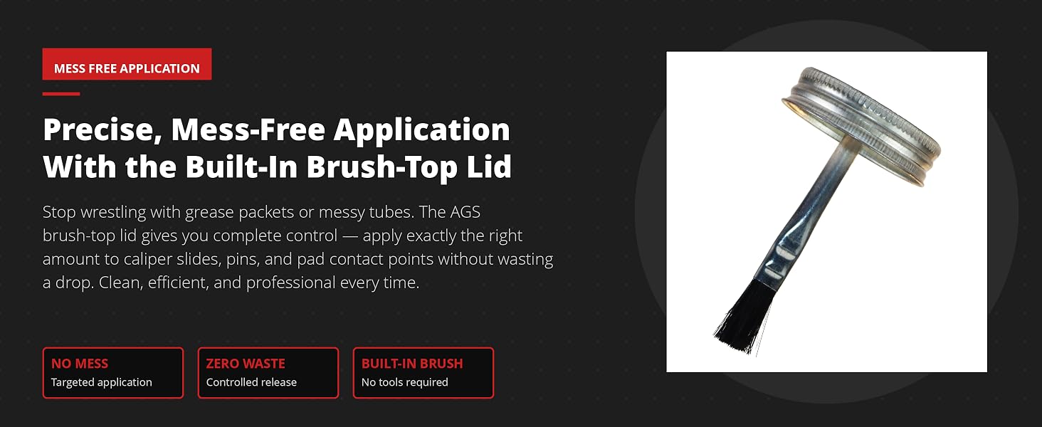 AGS Brake Lubricant brush-top lid applicator with bristles shown against dark charcoal background