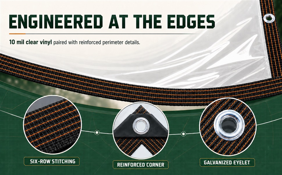 Clear vinyl tarp edge showing six-row stitching, reinforced corner and galvanized metal eyelet