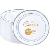 Goodluck 100PCS Silver Plastic Plates, 10.25 Inch Dinner Plate with Silver Rim, Heavy Duty Dispos...